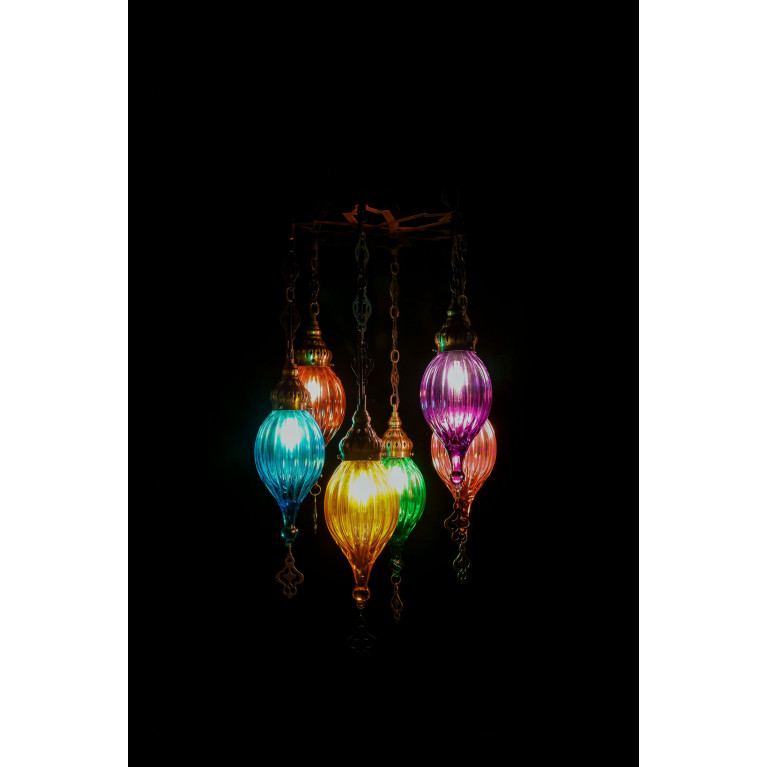 Hanging colourful lamp 140 cm, manblown glass, iron, 6 lamps